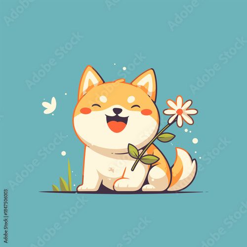 Cute Happy Shiba Inu Puppy with Flower.