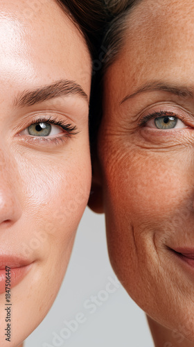 Aging skin comparison: young and mature women faces side by side. Natural wrinkles, texture differences, pigmentation. Skincare, beauty treatment, anti-aging concept.