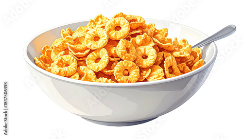 A white bowl filled with golden, ring-shaped breakfast cereal, and spoon