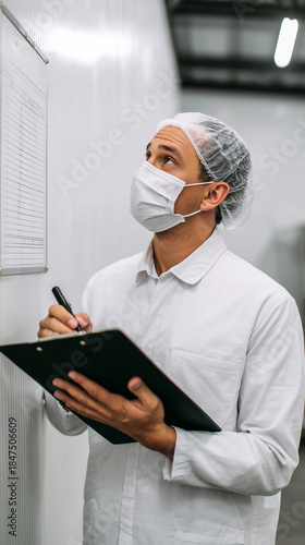 Factory worker in protective gear checking quality control checklist. Employee wearing hairnet and mask inspecting production standards. Food safety, HACCP compliance, manufacturing hygiene protocol.