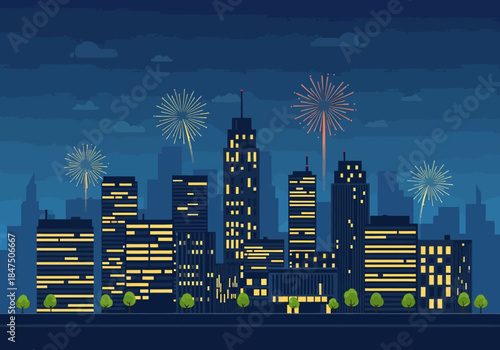 Vibrant new year 2026 celebration with dazzling fireworks illuminating a modern city skyline at night