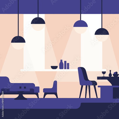 Modern minimalist interior illustration, depicting a cozy living and dining area, stylishly prepared for a serene new year, 2026 celebration at home