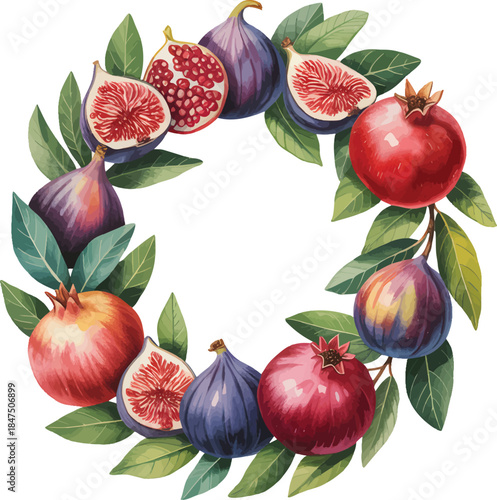 Sophisticated watercolor wreath featuring figs, pomegranates, and bay leaves