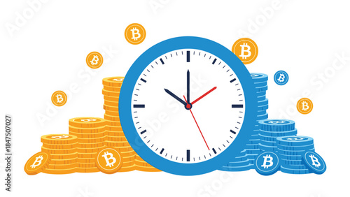 Investment concept illustration with a large clock face surrounded by rising stacks of gold and blue bitcoin cryptocurrency coins.