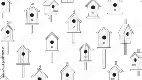 Seamless monochrome background pattern with various styles of hand-drawn wooden birdhouses in a simple black and white outline.