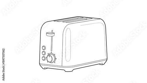 Minimalist black and white outline illustration of a classic two-slice bread toaster, showing a simple kitchen appliance design.