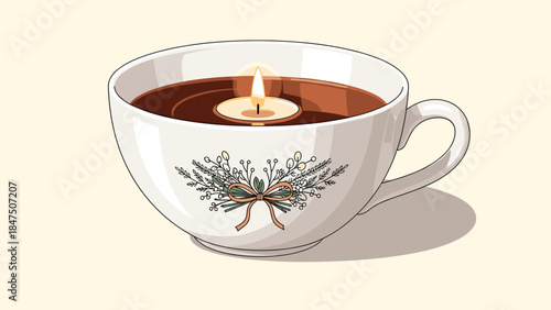 Cozy and warm pixel art illustration of a teacup with a winter floral design, holding a small lit floating candle inside.