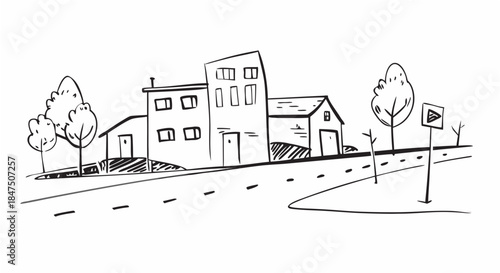 A black and white sketched cityscape with houses, doodle line art