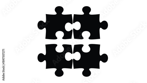 Black silhouette of four interlocking jigsaw puzzle pieces forming a square, symbolizing teamwork, problem-solving, and connection.