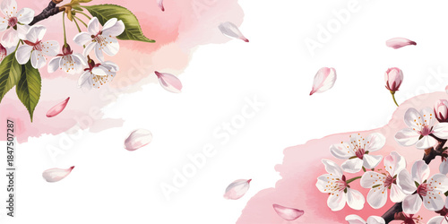 Spring watercolor background with cherry blossom petals and soft pink washes