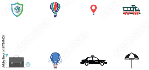Illustration of travel and protection icons set globe shield, hot air balloons, location pin, train, briefcase, taxi, umbrella