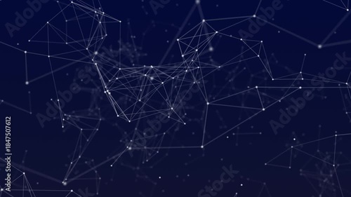 Abstract network of glowing white dots and lines on a dark blue background representing digital connections data flow and technological innovation