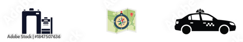 Illustration of security checkpoint, navigation compass, and taxi car icons set for travel and transport