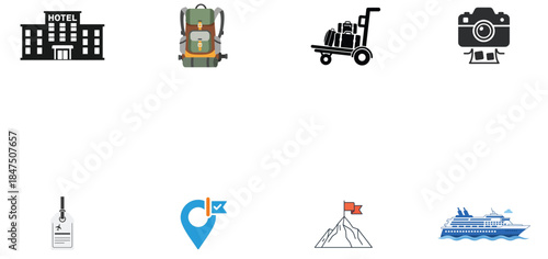 Illustration of travel and tourism icons set hotel, backpack, luggage cart, camera, badge, map pin, mountain, and cruise ship