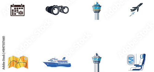 Illustration of travel and tourism icons set airplane, ship, map, calendar, binoculars, and control tower