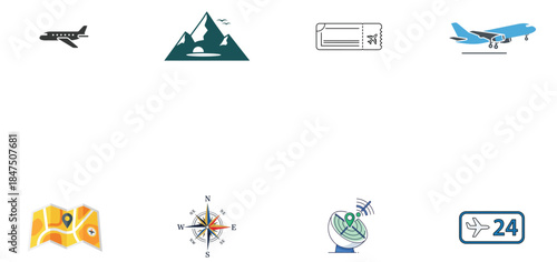 Illustration of travel and tourism icons set airplane, mountain, compass, map, and service symbols