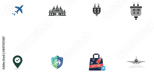 Illustration of travel and tourism icons set airplane, landmark, adapter, location pin, security, luggage