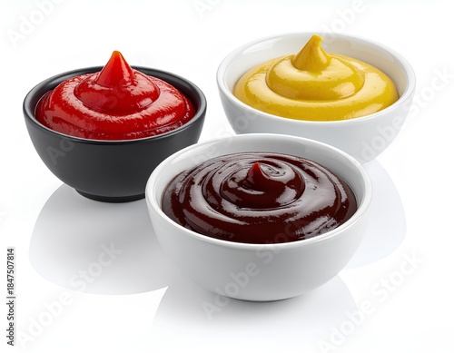 bowls of mustard, tomato ketchup and barbecue sauce on white background
