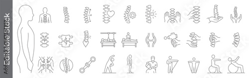 Spine, back pain, broken, fracture and chiropractic line icon set – editable outline symbols of vertebrae, posture, massage, joint and therapy
