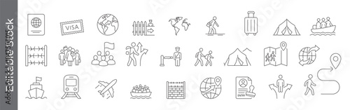 Migration, immigration, travel and border crossing line icon set – editable outline symbols of refugee, passport, visa, globe, fence, tent and journey