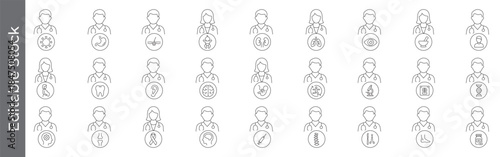 Medical doctor specialist and doctor specialty line icon set – editable outline symbols of cardiology, neurology, dentistry, ophthalmology, gastroenterology, urology, pediatrics, gynecology
