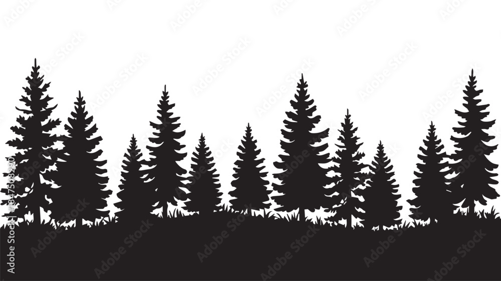 Obraz premium landscape with black silhouettes of trees and hills, trees silhouettes set. Black pine woods