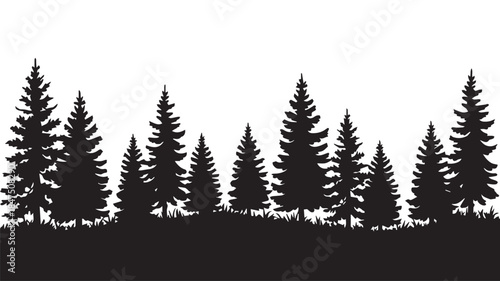 landscape with black silhouettes of trees and hills, trees silhouettes set. Black pine woods
