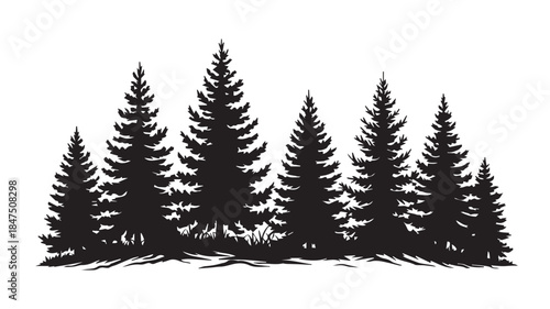 landscape with black silhouettes of trees and hills, trees silhouettes set. Black pine woods
