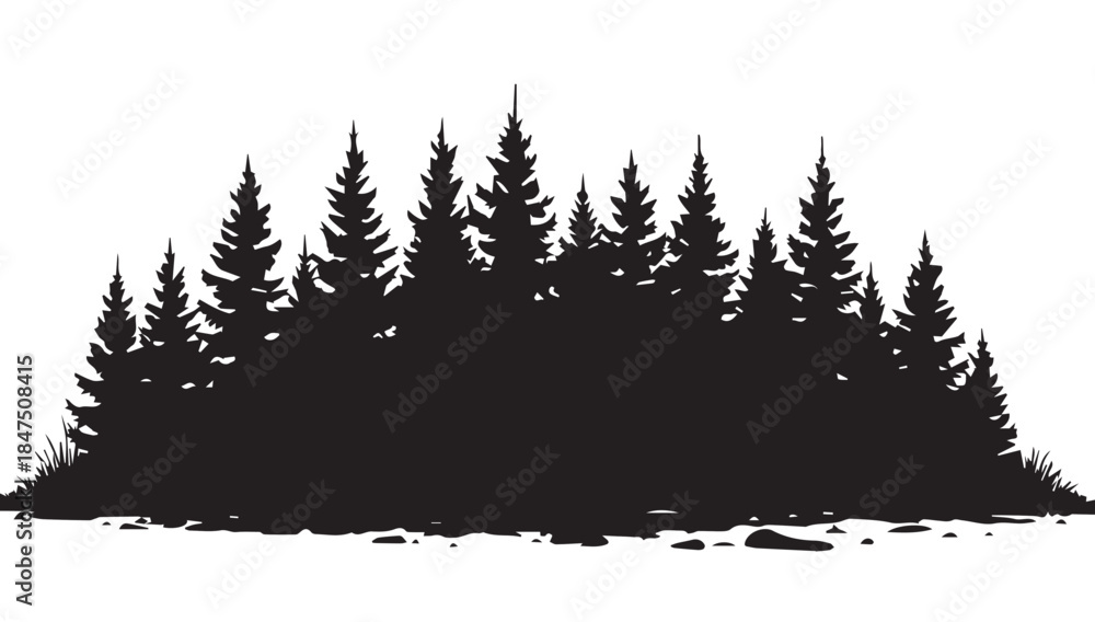 Obraz premium landscape with black silhouettes of trees and hills, trees silhouettes set. Black pine woods 