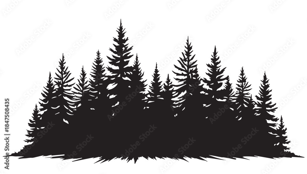 Obraz premium landscape with black silhouettes of trees and hills, trees silhouettes set. Black pine woods