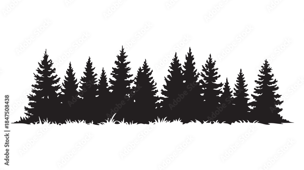 Obraz premium landscape with black silhouettes of trees and hills, trees silhouettes set. Black pine woods