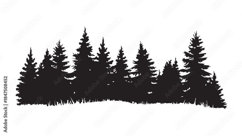 Fototapeta premium landscape with black silhouettes of trees and hills, trees silhouettes set. Black pine woods 
