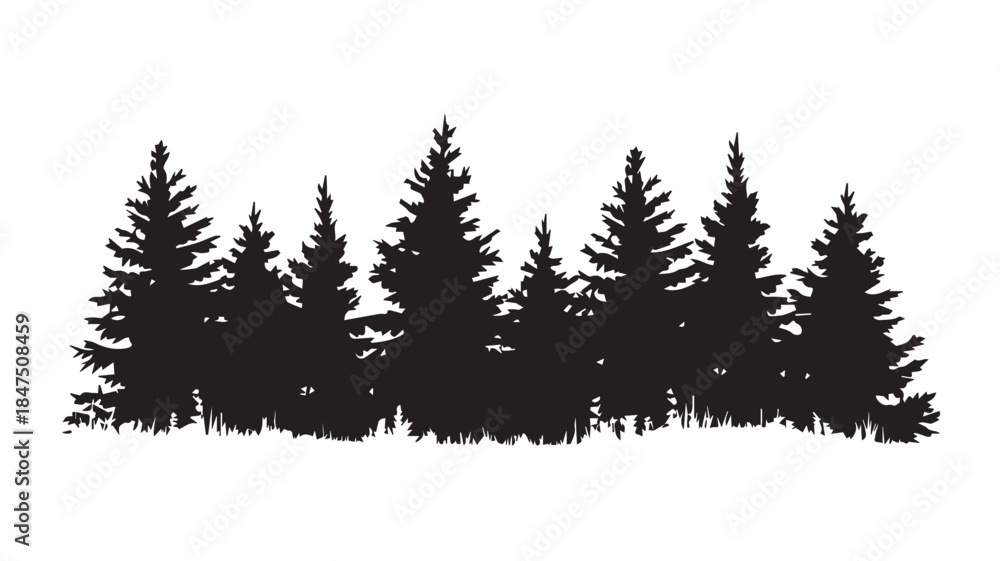 Obraz premium landscape with black silhouettes of trees and hills, trees silhouettes set. Black pine woods