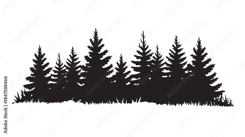 Fototapeta premium landscape with black silhouettes of trees and hills, trees silhouettes set. Black pine woods