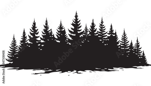 landscape with black silhouettes of trees and hills, trees silhouettes set. Black pine woods
