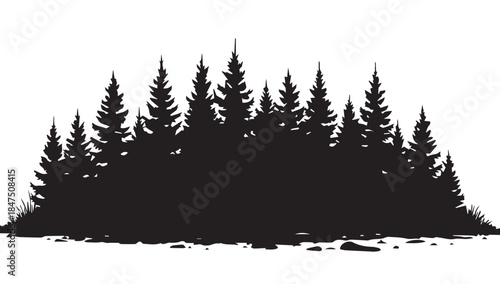 landscape with black silhouettes of trees and hills, trees silhouettes set. Black pine woods
