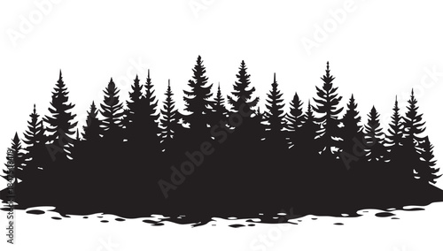 landscape with black silhouettes of trees and hills, trees silhouettes set. Black pine woods
