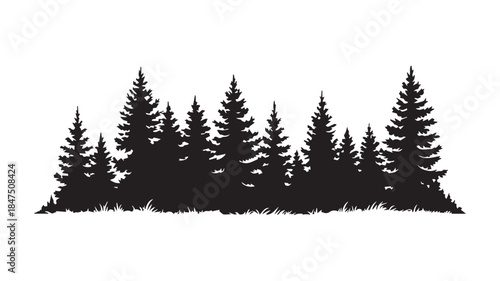 landscape with black silhouettes of trees and hills, trees silhouettes set. Black pine woods
