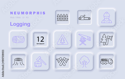 Logging set icon. Logs, stumps, axe, saw, forest worker, truck, fence, chainsaw, tree, timber sign, two axes crossed in neumorphic flat graphic format