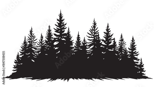 landscape with black silhouettes of trees and hills, trees silhouettes set. Black pine woods
