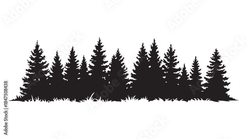 landscape with black silhouettes of trees and hills, trees silhouettes set. Black pine woods
