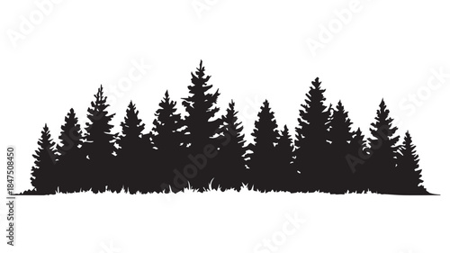 landscape with black silhouettes of trees and hills, trees silhouettes set. Black pine woods
