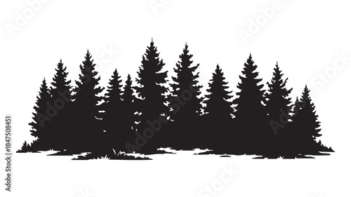 landscape with black silhouettes of trees and hills, trees silhouettes set. Black pine woods
