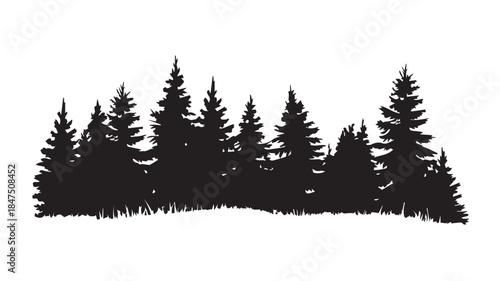 landscape with black silhouettes of trees and hills, trees silhouettes set. Black pine woods
