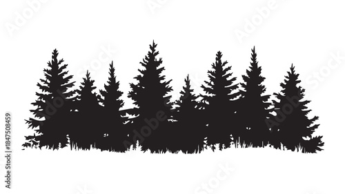 landscape with black silhouettes of trees and hills, trees silhouettes set. Black pine woods
