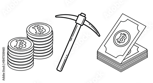 Bitcoin mining equipment and currency are depicted in a line drawing.