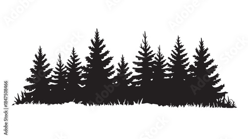 landscape with black silhouettes of trees and hills, trees silhouettes set. Black pine woods
