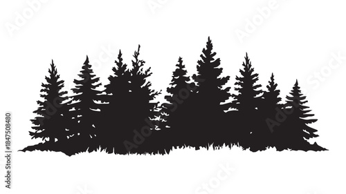 landscape with black silhouettes of trees and hills, trees silhouettes set. Black pine woods
