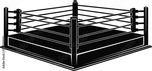Black-and-white illustration of square boxing ring with corner posts and ropes on elevated platform combat sports design 