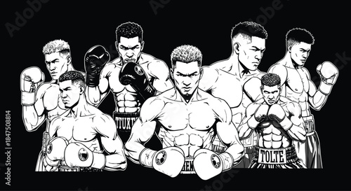 Black-and-white illustration of seven muscular boxers in fighting stances with gloves and trunks on solid black background design